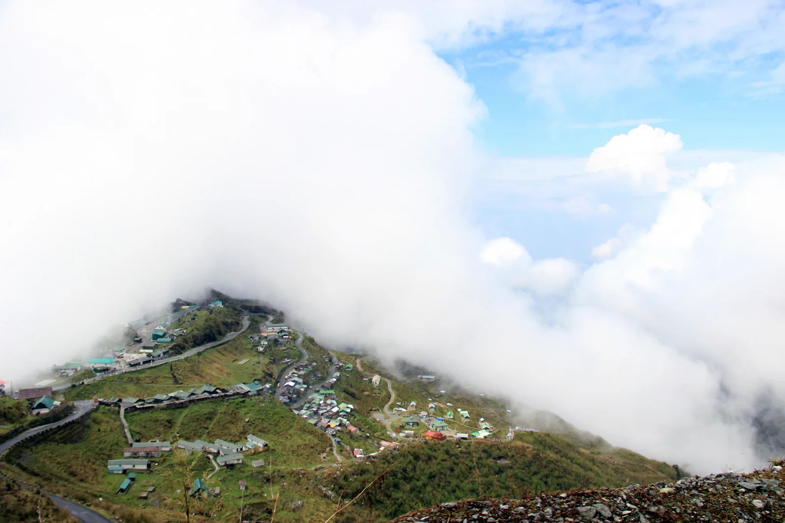 Snow-capped Himalayan peaks with prayer flags in Sikkim in spring